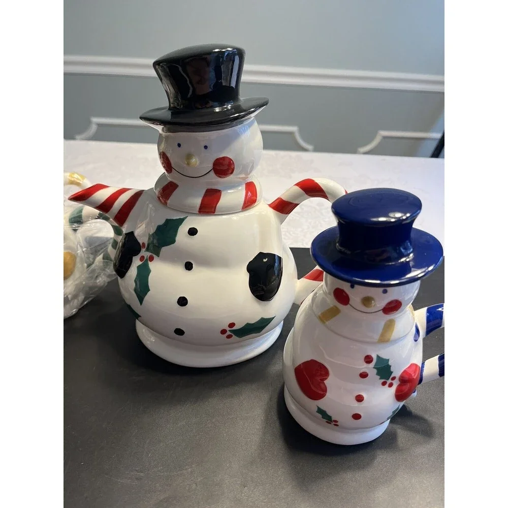 Temptations 5-Piece Snowman Entertaining Tea Set NIB. 48oz Teapot & 4 12oz Mugs